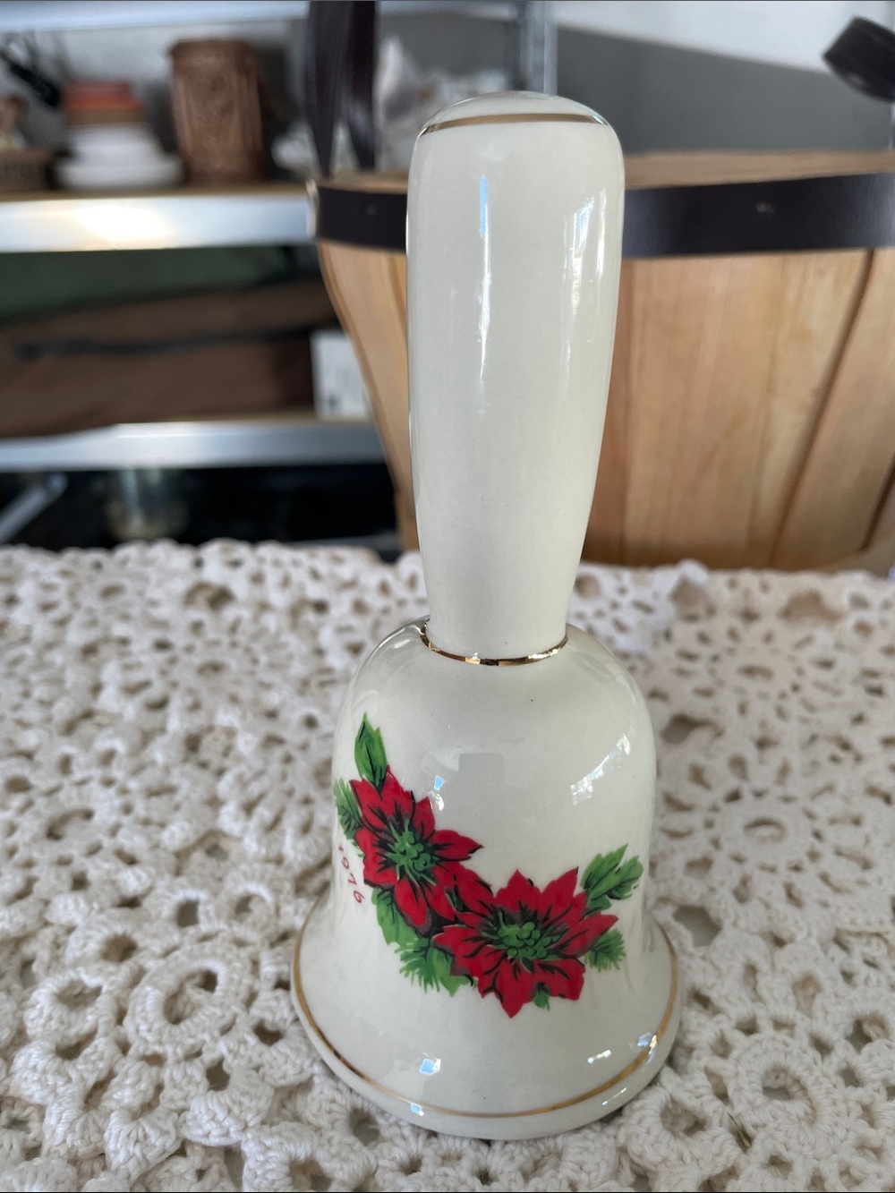 Vintage Ceramic Holiday Bell 1977 with Red Poinsettia Design